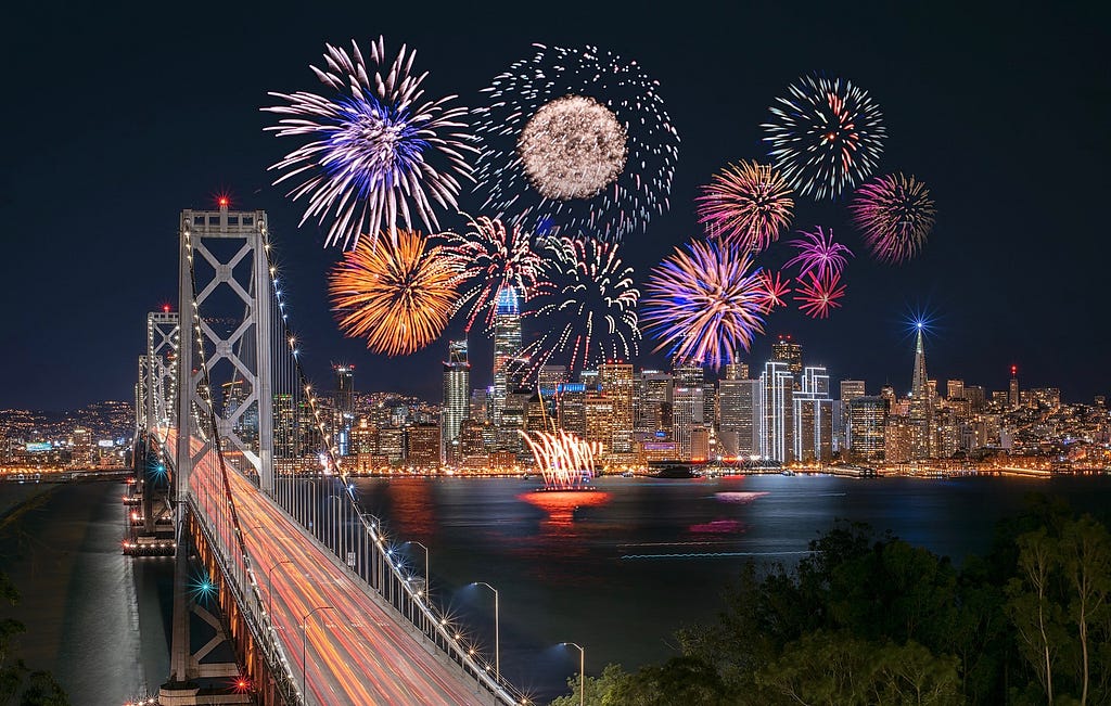 10 fireworks in the sky above a bridge, over a skyline, at night