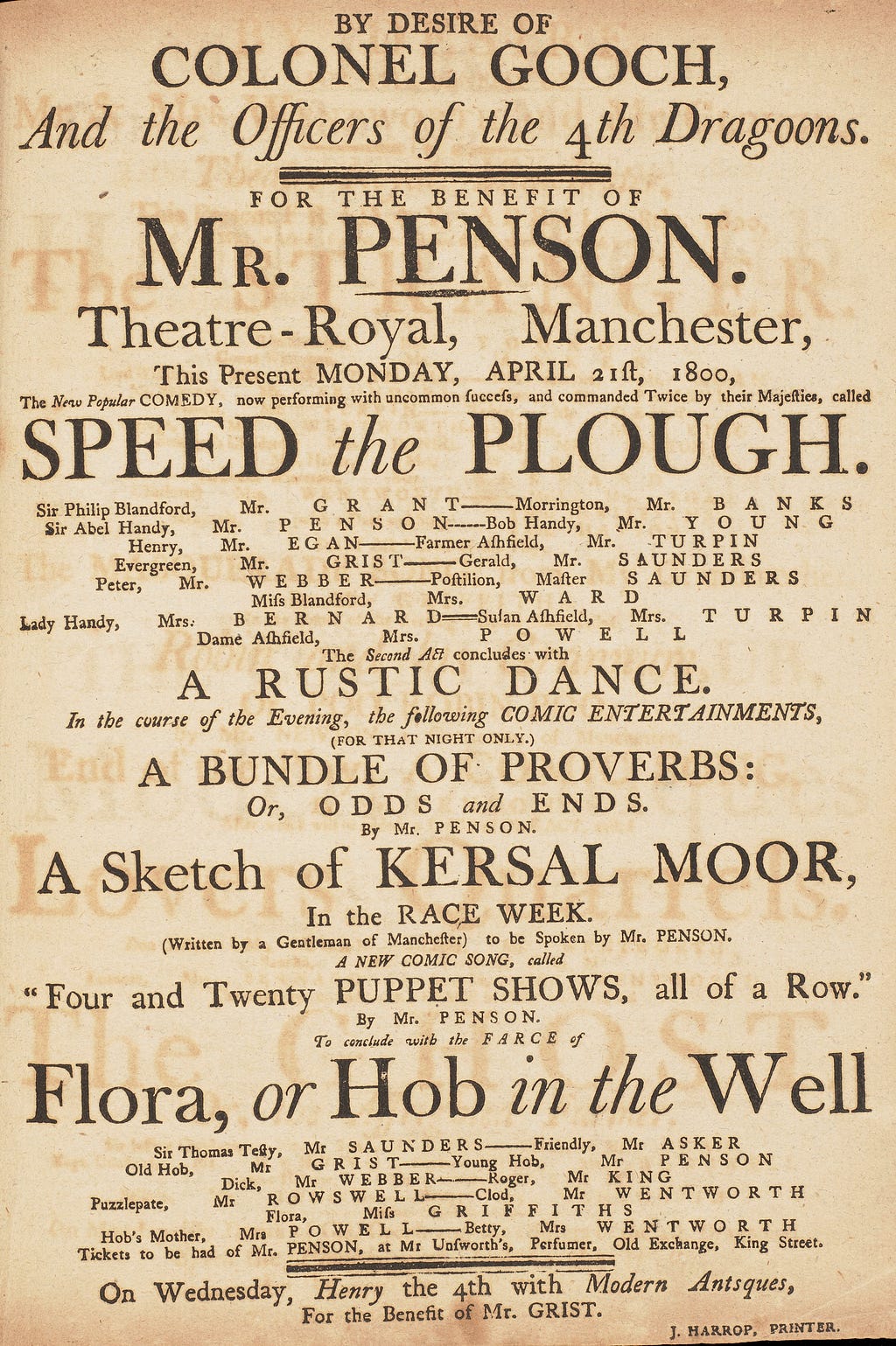 Theatre Royal Manchester playbill printed in varying sizes of upper and lowercase type for entertainments on 21 April 1800.