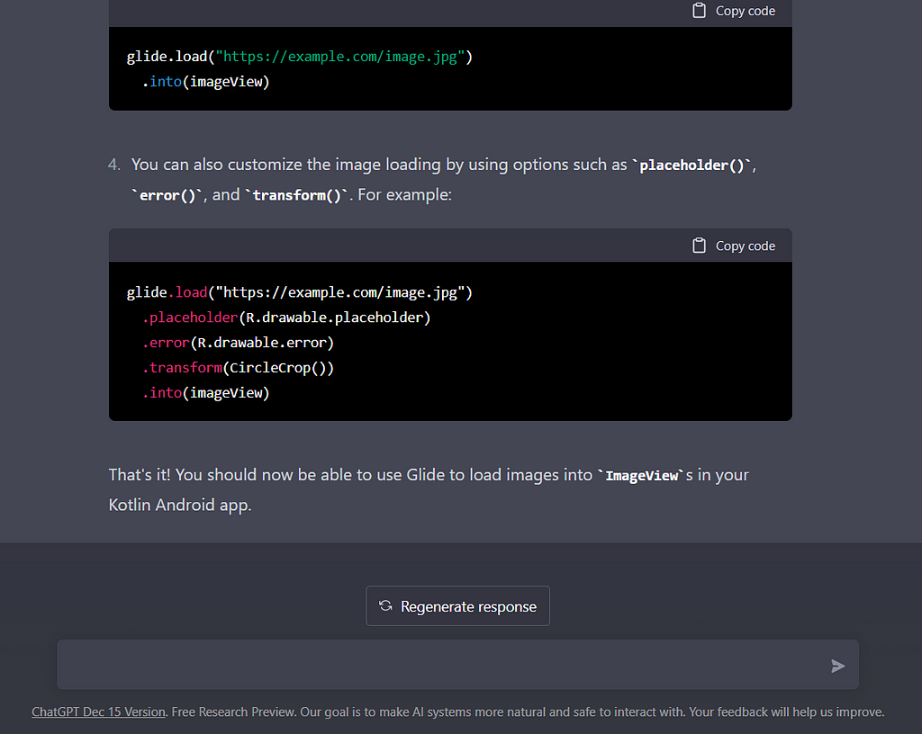 ChatGPT’s response when asked for setting up Glide in the Kotlin Android project