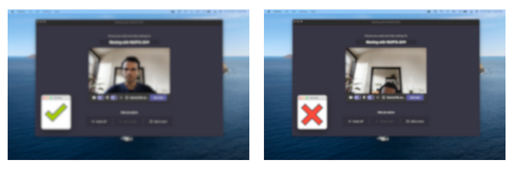 On the left: Face is visible with ‘check mark’ icon & on the right: Face is not visible with ‘cross mark’ icon in the call.