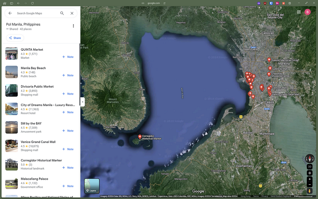 A screenshot of Google Maps with a list of bookmarked locations for a trip to Manila, Philippines.