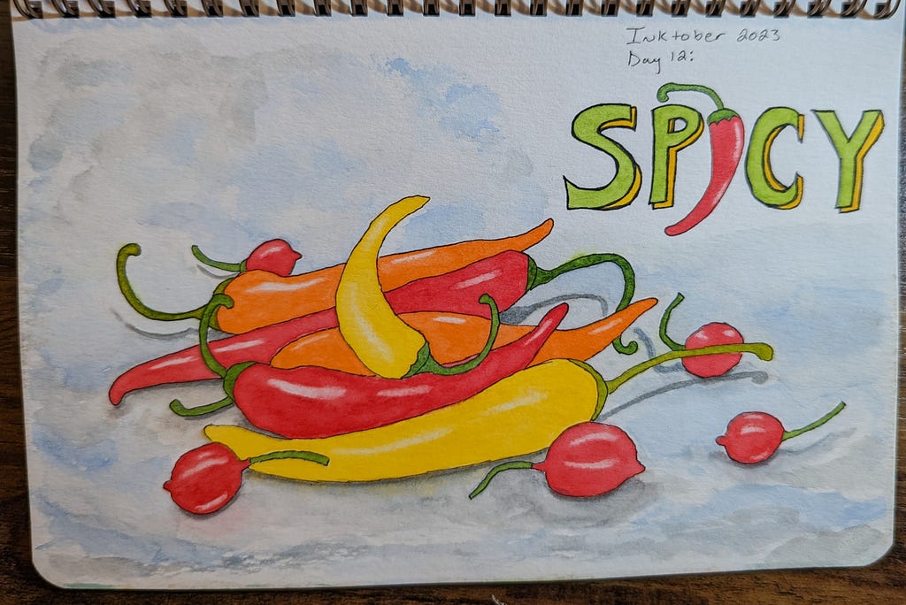 A pile of spicy red, yellow, and orange peppers for the prompt “spicy.”