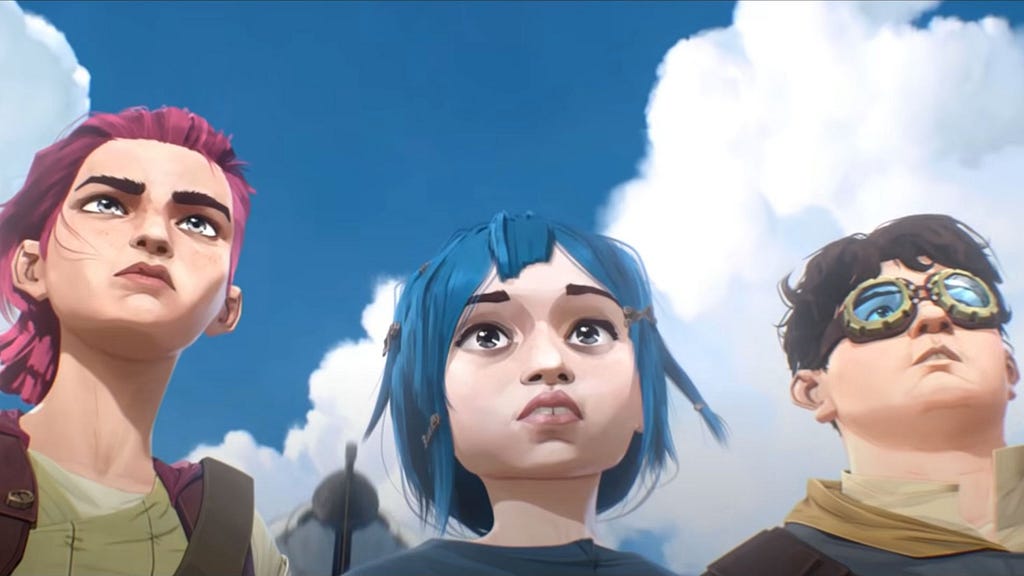 An animated image of three people, one with red hair, the other with blue hair and the other with brown hair and wearing glasses