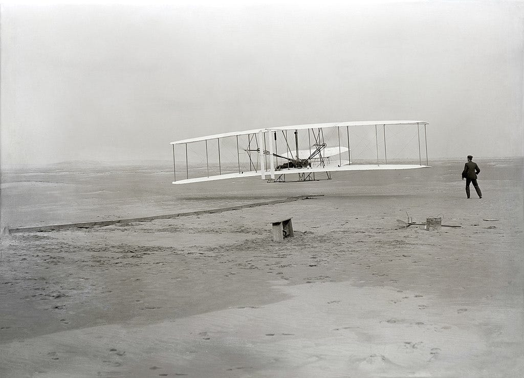 The first powered, controlled, sustained aeroplane flight in history, Dec 1903.