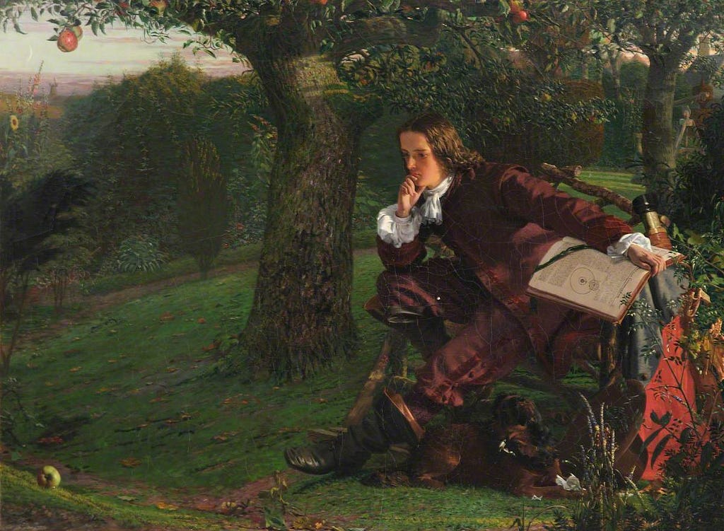 Painting: Isaac Newton in His Garden at Woolsthorpe, in the Autumn of 1665. Robert Hannah.