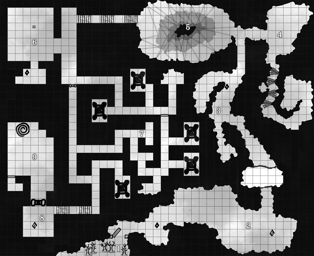 A black and white map of an old school dungeon