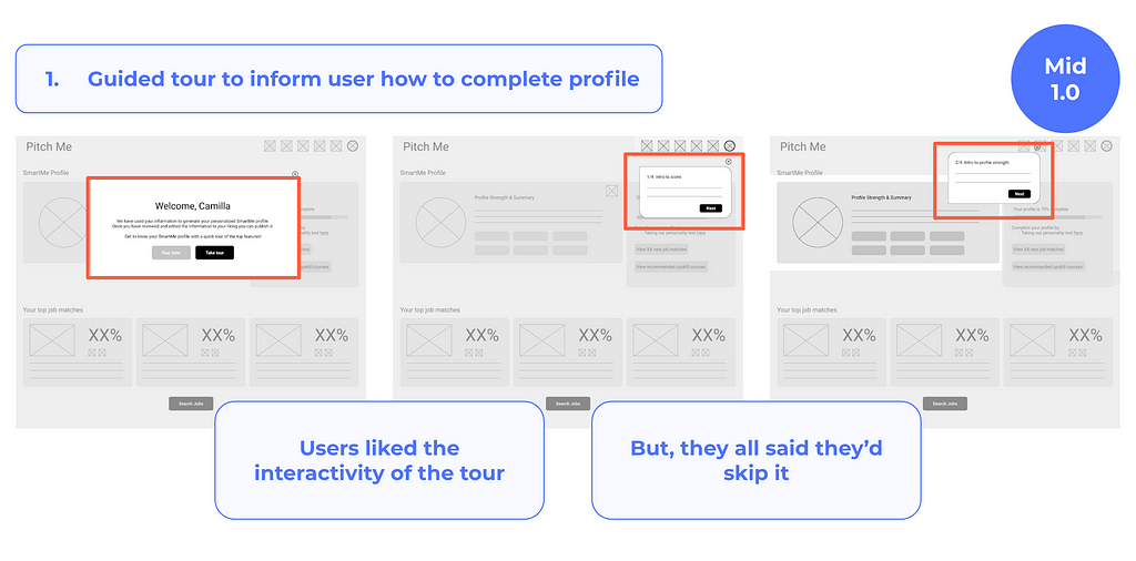 Mid-fidelity wireframes showing guided tour function