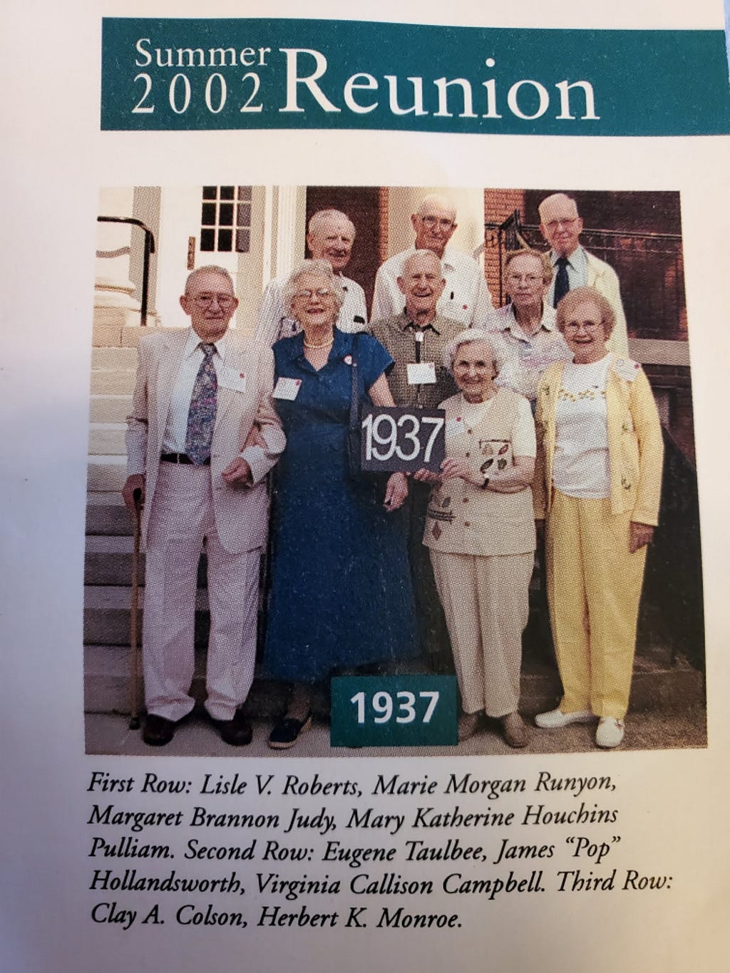 front cover photo from 2002 reunion of the Berea College Class of1937, 9 people