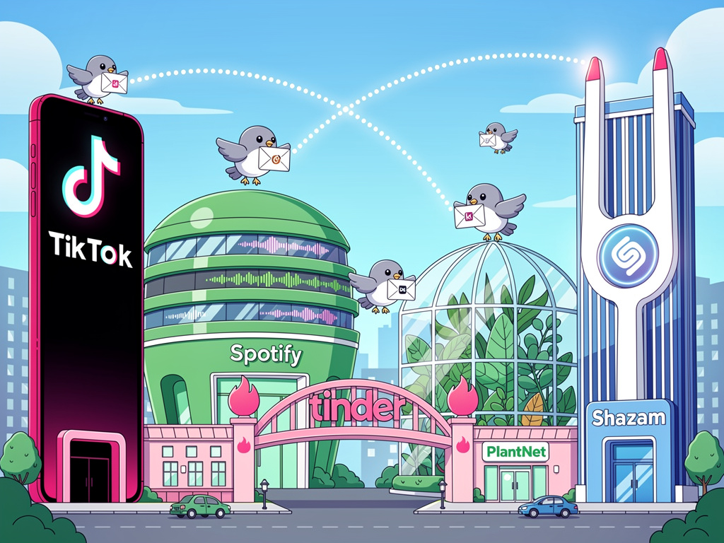 Stylized illustration of phone apps as buildings connected by glowing nearest-neighbor lines forming a constellation