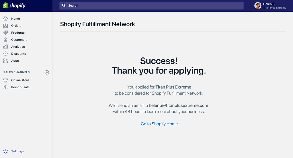 The page telling applicants they had successfully applied to be part of the fulfillment network.