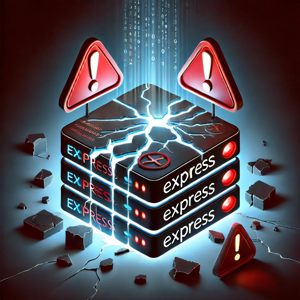 A dramatic image illustrating the dangers of misconfigurations in Express.js. The image features a dark background with a cracked digital map representing an Express.js server. Red warning symbols and exclamation marks highlight the errors and vulnerabilities. The Express.js logo is subtly integrated into the broken map, emphasizing the theme of unseen risks and the potential for app failure.