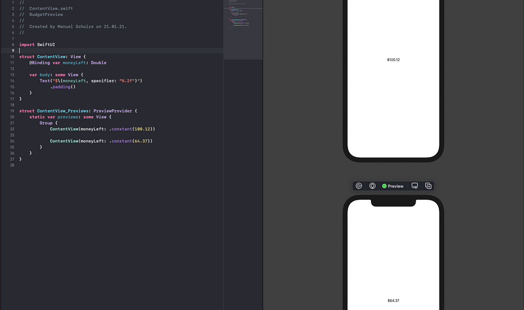 The ContentView.swift file with two devices side-by-side showing the preview of the SwiftUI view.