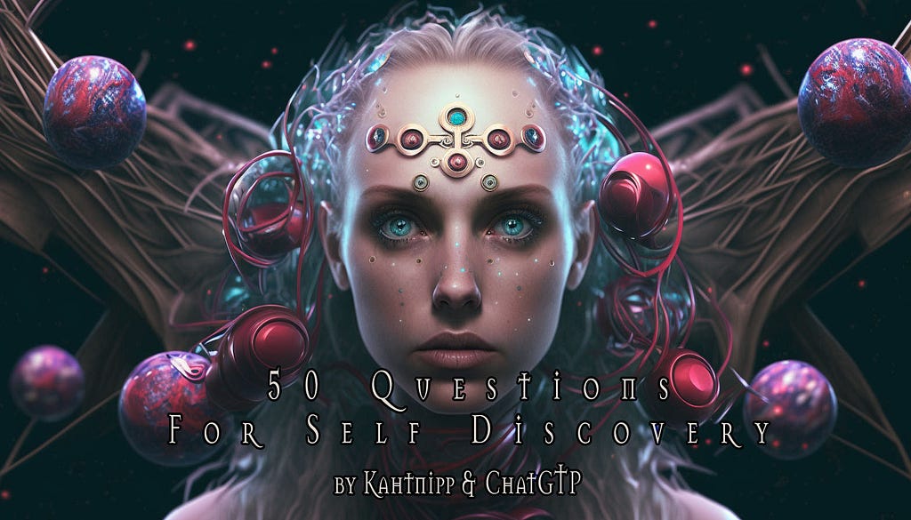 A pretty lady with piercing blue eyes with a jewel headpiece implanted on her forehead. Organic looking cables appear to be connecting to her spine. Captioned: 50 Questions for Self Discovery by Kahtnipp and ChatGPT