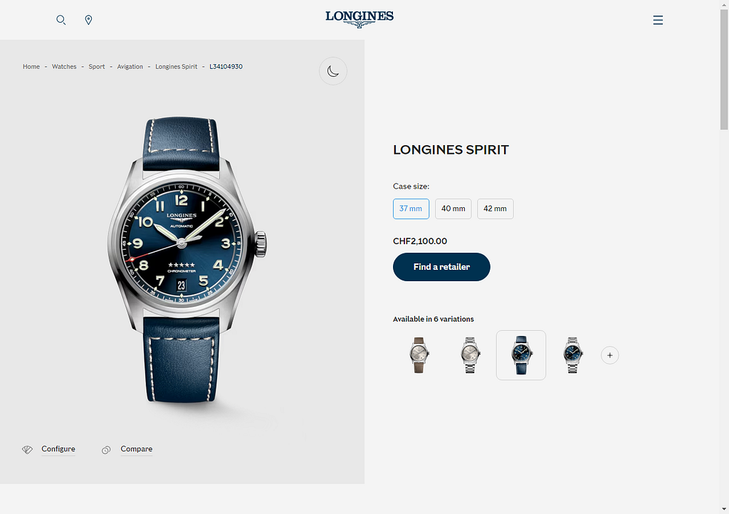 Longines Spirit 37mm watch on the official site