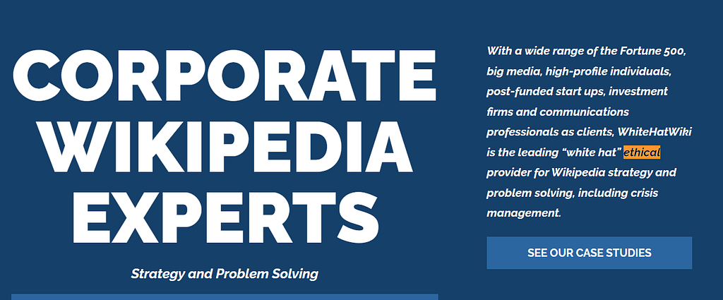 screenshot of the WhiteHat Wiki website boasting their status as “corproate wikipdia experts.”