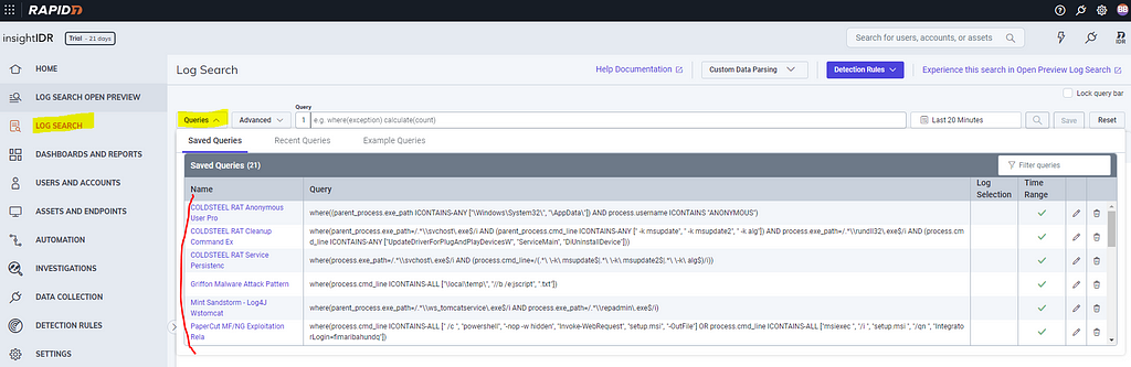 Image showing newly-created saved queries available in InsightIDR.