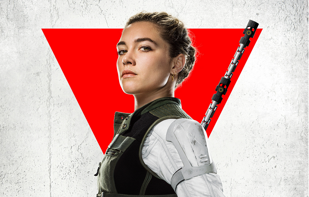 Poster for the film Black Widow showing Florence Pugh as supporting character Yelena Belova. It has a white and red background. The character appears strong and assertive.