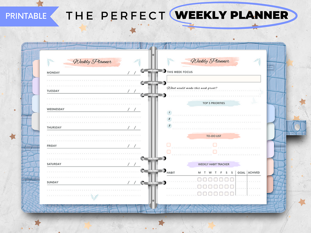 Printable perfect weekly planner — 6 ring bound A5 size planner, first page is for weekly schedule and second page is for goal setting, task and habit tracking etc.