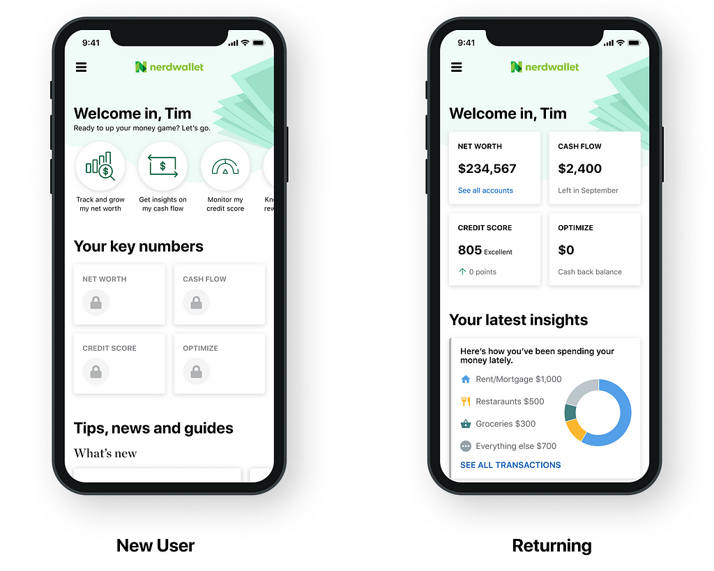 Two screenshots, showing how the redesign looks for a new user and a returning user. In the former, the activation entrypoints are more prominent. In the latter, the primary focus is the user’s top financial numbers.