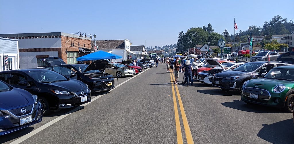 EV cars line a Steilacoom street during a 2022 National Drive Electric Week event on Sept. 10.