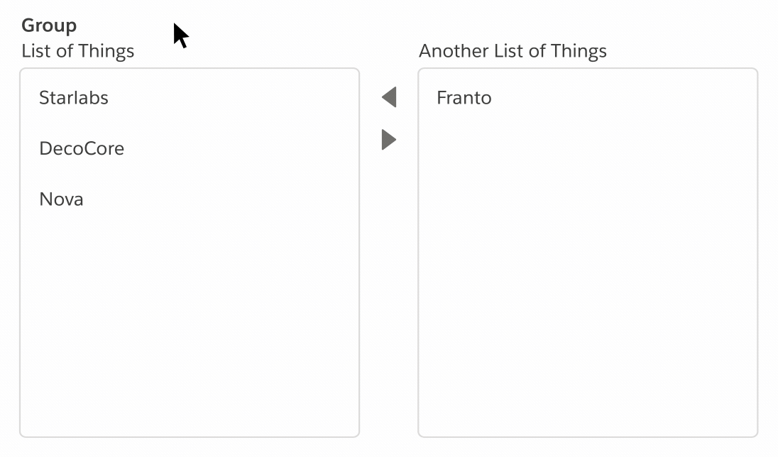 Animation of a Dueling Picklist Component that shows a user moving items from a box on the left to a box on the right.