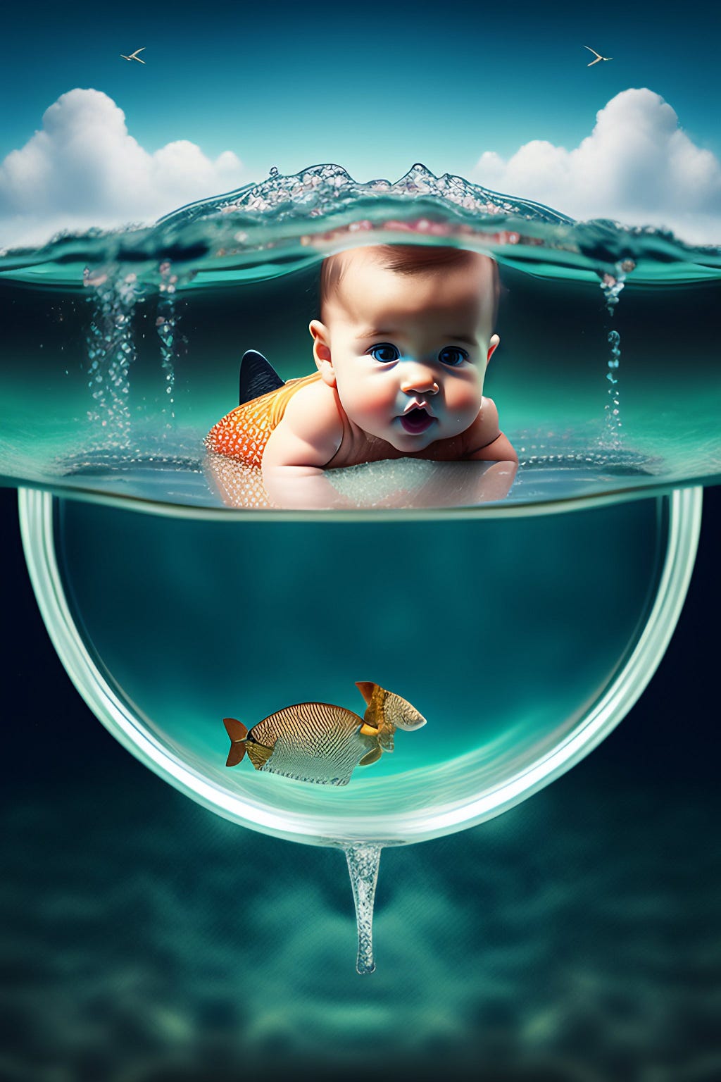 A baby is in the water and and a fish under the water