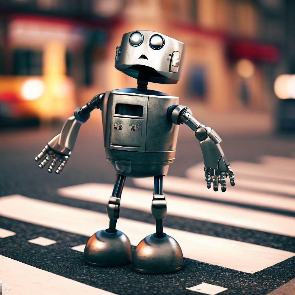 Imagem gerada por inteligência artificial. Nela, um robô hominídeo aparenta estar confuso ao atravessar a rua de uma área urbana na faixa de pedestres.