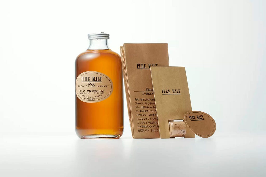 The image contains a photo of a Nikka Whisky Pure Malt bottle with its brown packaging and label.