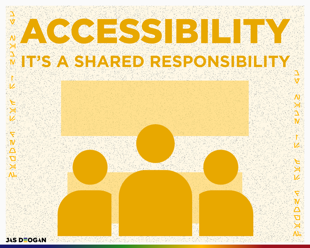 Poster with bold text “Accessibility: It’s a Shared Responsibility” above three abstract human figures, emphasizing teamwork in inclusion.