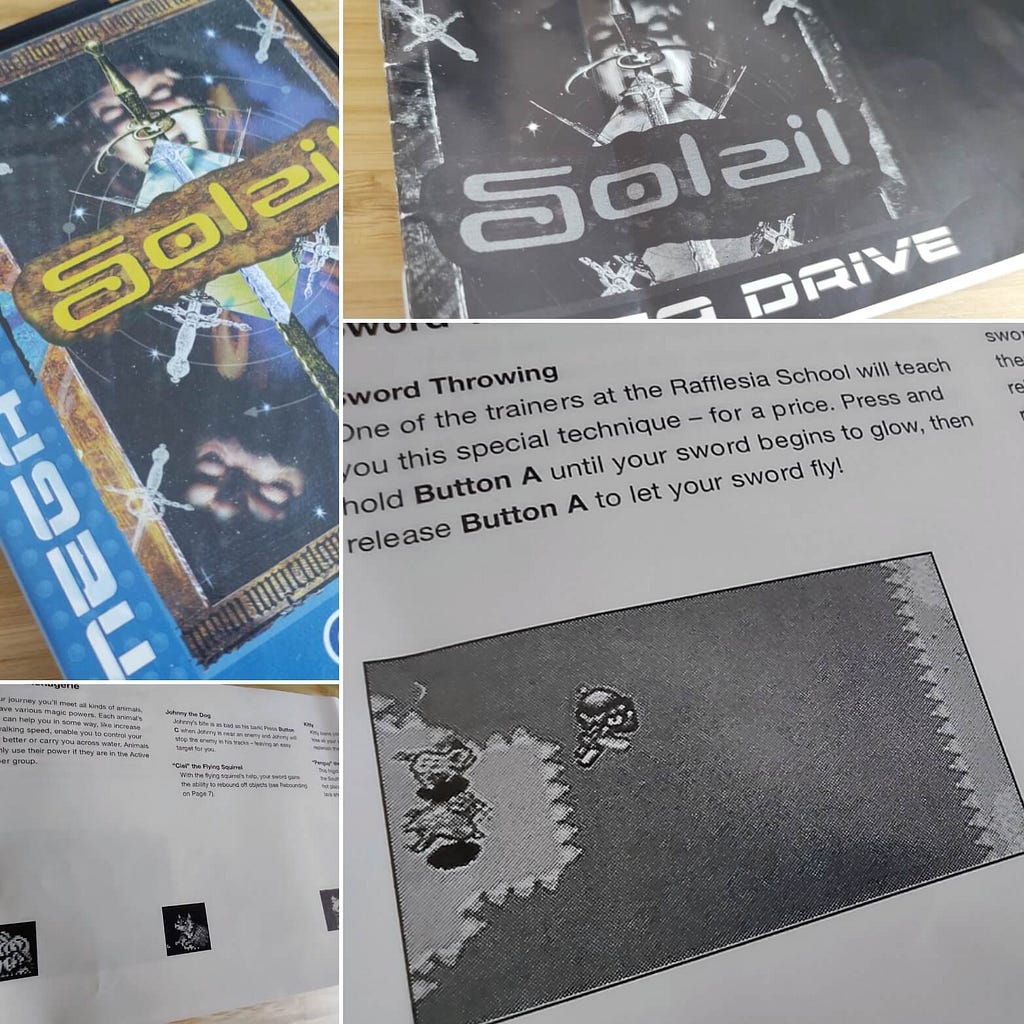 A collage of various photographs taken of the Soleil game manual