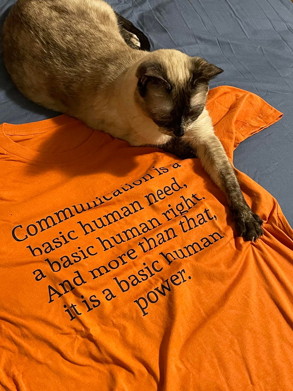 A cat sitting on a T-Shirt that says, “Communication is a basic human need, a basic human right, and more than that. a basic human. It is a basic human powder.