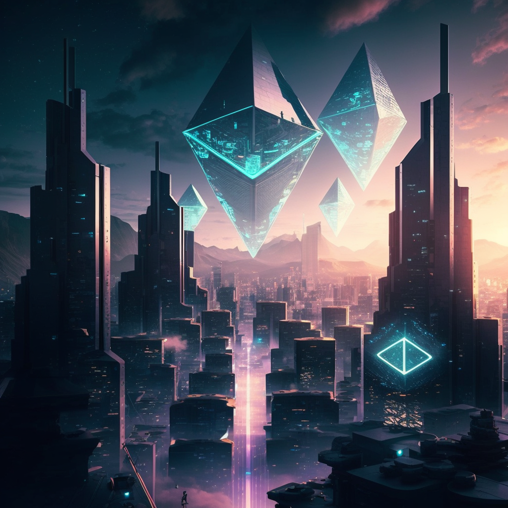 A futuristic cityscape with Ethereum logo