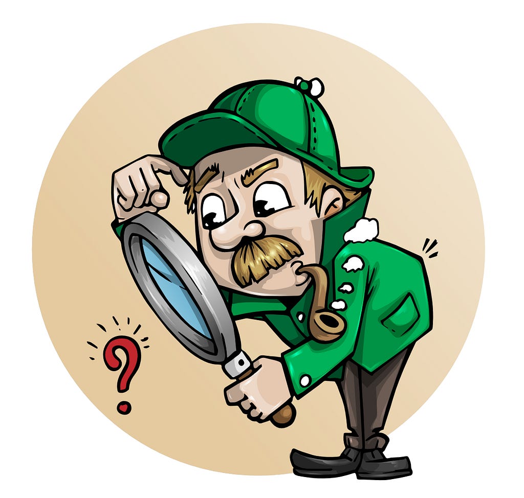 A detective with a cigar pipe in his mouth and a magnifying glass in his left hand looking at a red question mark, symbolizing the search for clues in our own behavior.