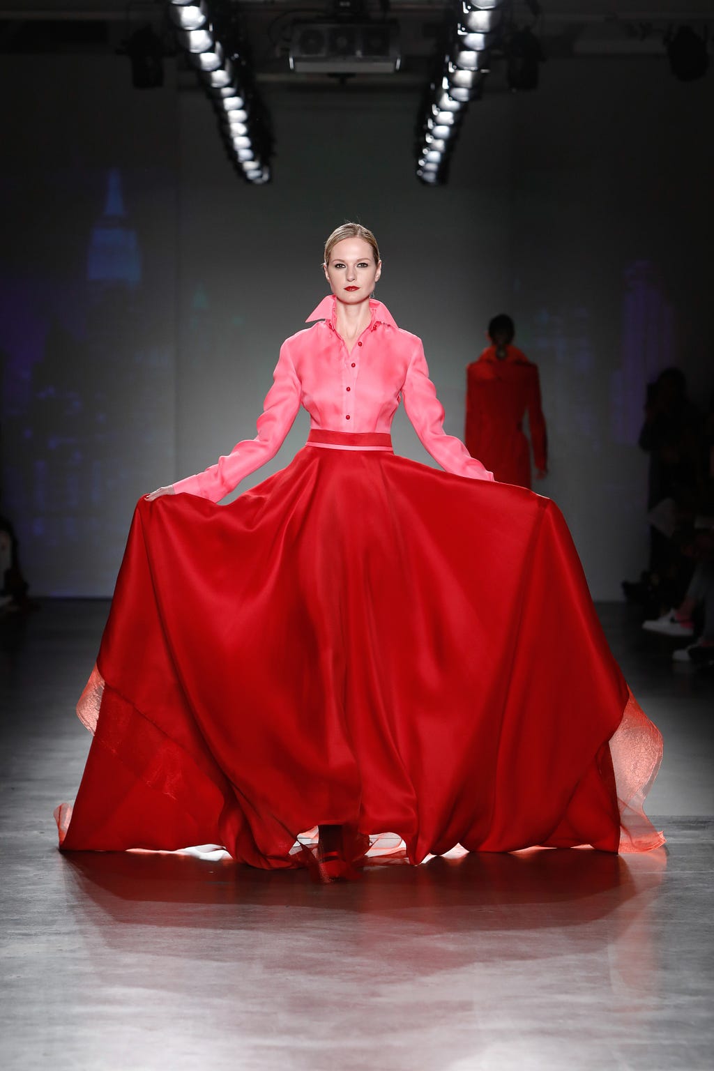 Pop Art Pink/Red Couture Silk Gazar Shirt-Waisted Handkerchief Ballgown w/ detachable Collar and Bordered with Red Horsehair