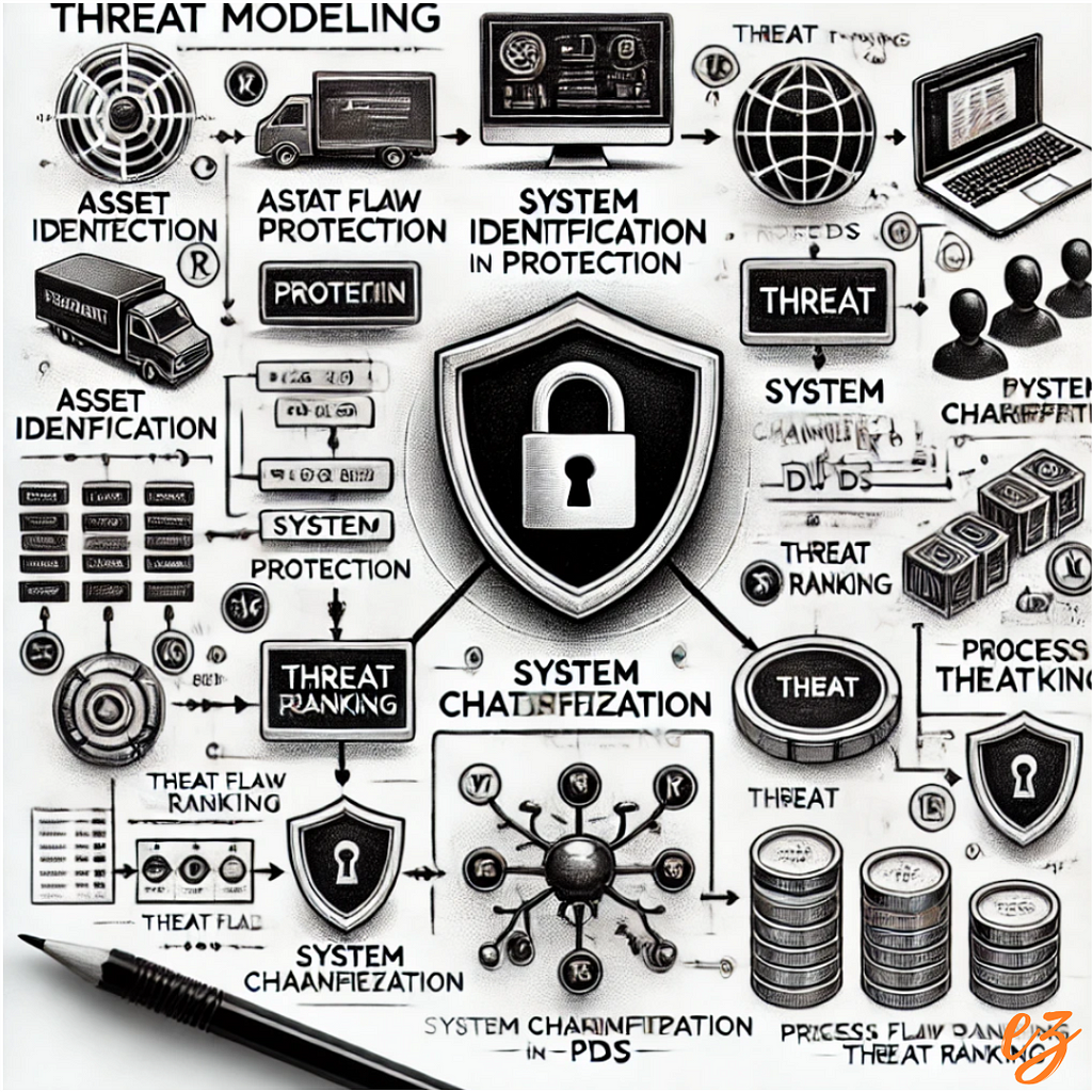 A detailed black and white pencil sketch illustrating the key components of threat modeling in cybersecurity, including a shield, flowchart, data flow diagrams, process flow diagrams, threat actor profile, and hierarchical threat tree.