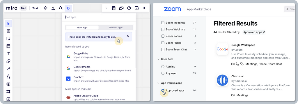 A composition of two screenshots showing Miro and Zoom’s approach to surfacing pre-approved or pre-installed apps.