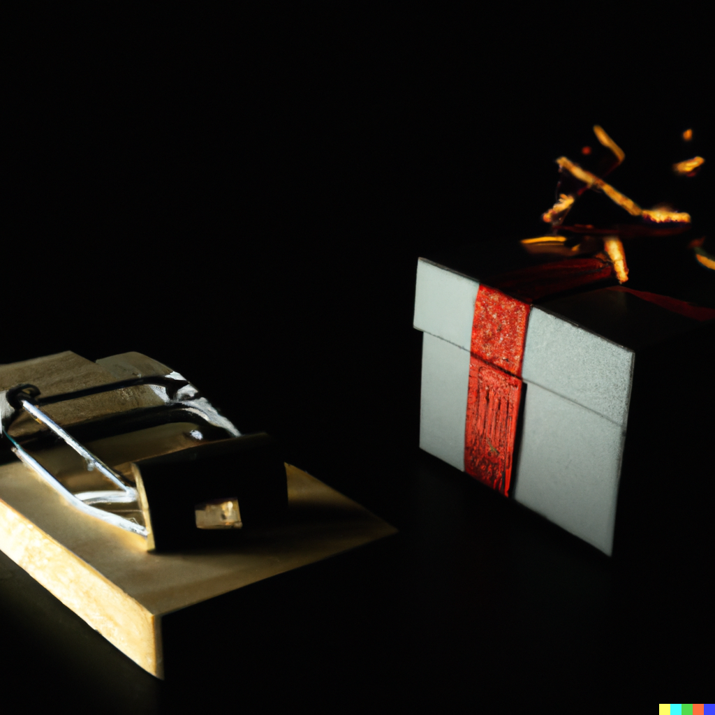 computer-generated realistic looking image of a mouse trap and a present side by side in darkness