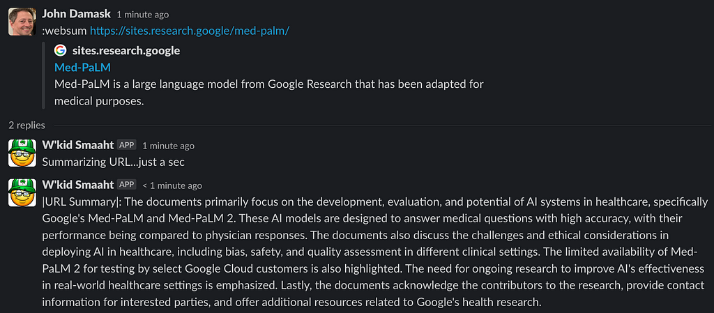 Screenshot of using W’kid Smaaht to summarize a web page about Google’s Med-PALM 2. This showcases how LangChain can be incorporated into the app.