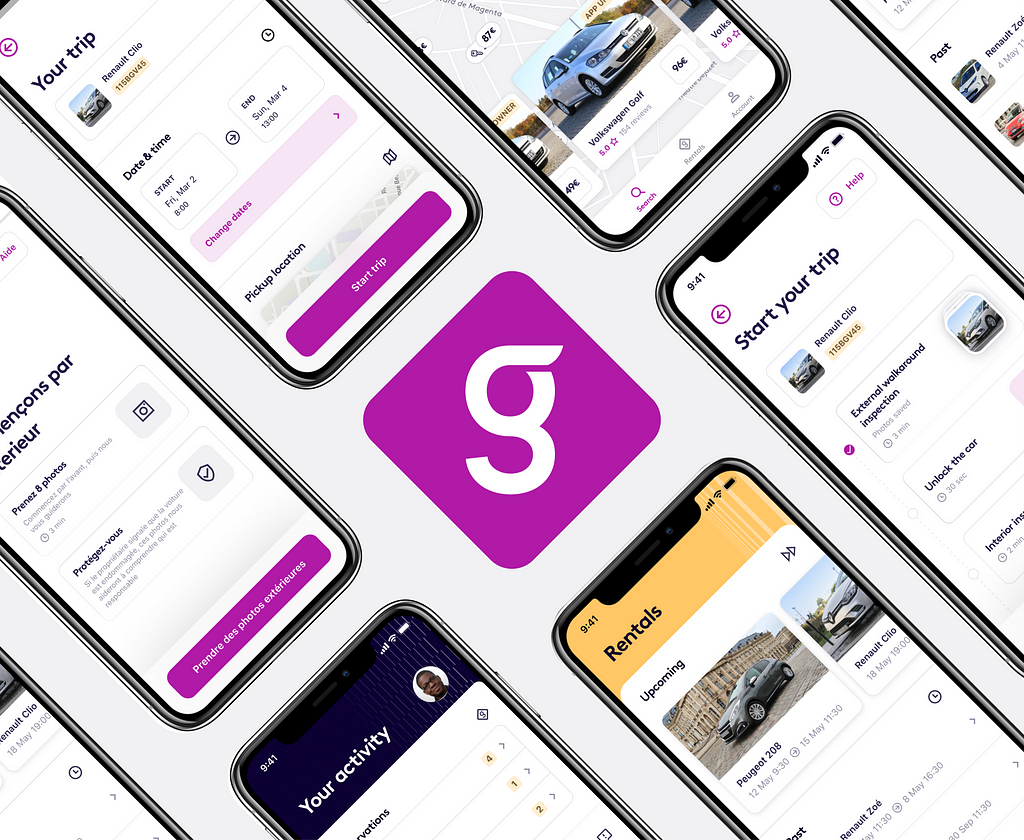 Getaround’s logo in the middle and a few iOS screens around the logo