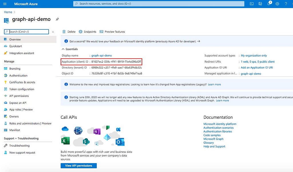 Azure Active Directory App Registration showing Client ID — Cloudatica example