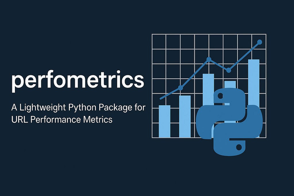Dark-themed banner showing the word ‘perfometrics’ with the subtitle ‘A Lightweight Python Package for URL Performance Metrics’ on the left, and a performance chart with rising bars and a Python logo on the right.