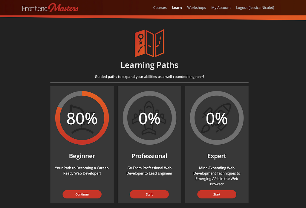 Screenshot of Beginner, Professional and Expert Learning Paths on Frontend Masters