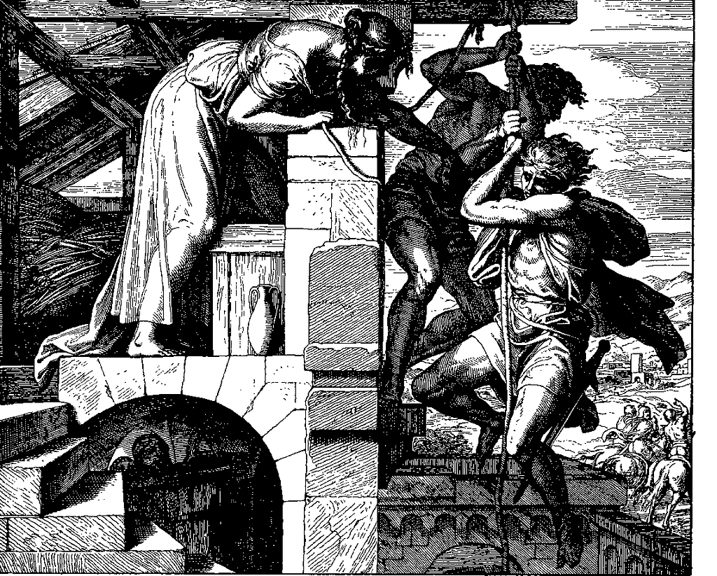 Rahab lowering the 2 spies down the wall, in Jericho.