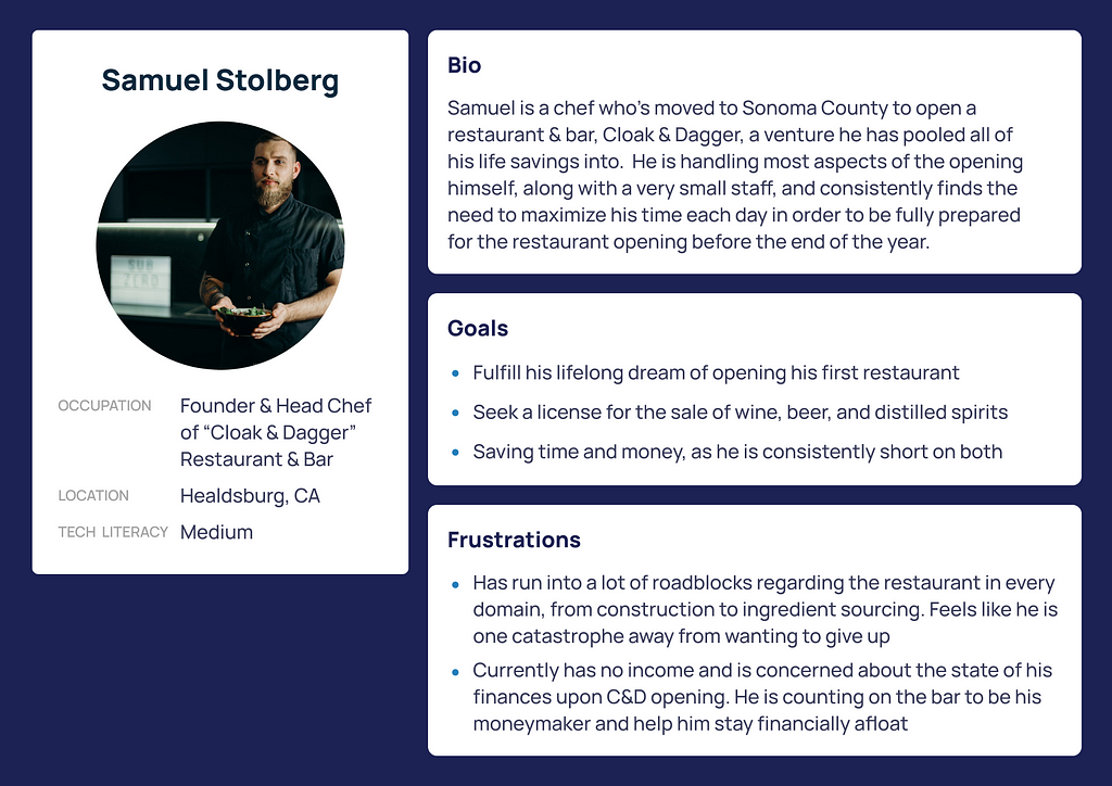 Picture of user persona author made of “Samuel Stolberg”- a chef who is opening his own restaurant & needs a liquor license.