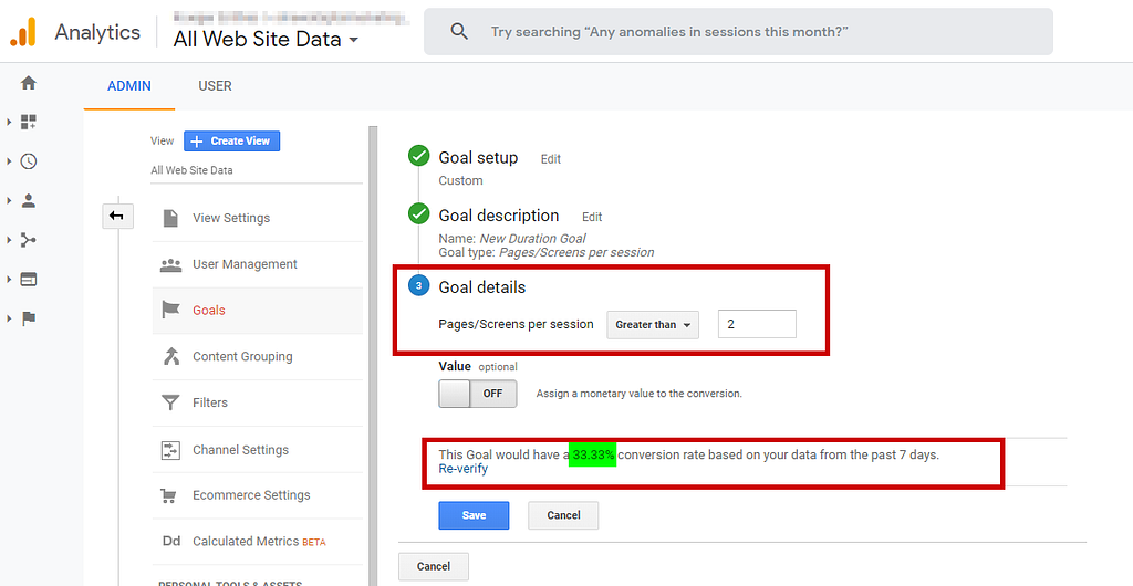 Google Analytics Goals: Pages per session based goals