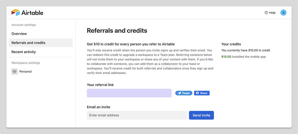 A screenshot from Airtable that shows the referrals and credits screen. It says the account is $10 in credit, and offers a way to invite another user to get more credits.