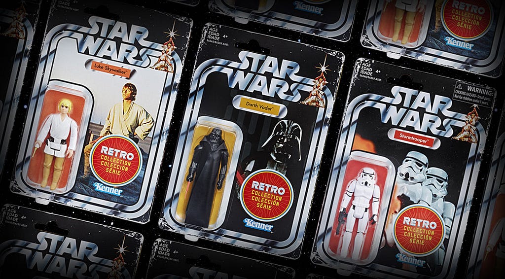 Star Wars Retro Collection figures in faux weathered packaging.
