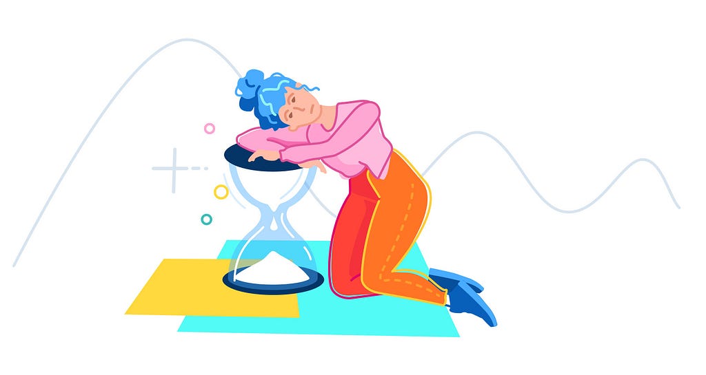 A colourful illustration of a woman who leans on a giant hourglass. She is bored by the usual product development rhythm.