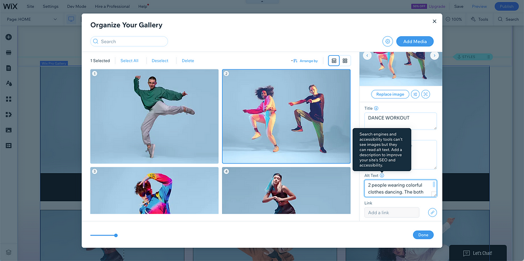 A screenshot of someone adding alt text to ProGallery images in the Wix editor. There’s a tooltip next to the alt text input fields that explains that adding alt text is good for both accessibility and SEO.