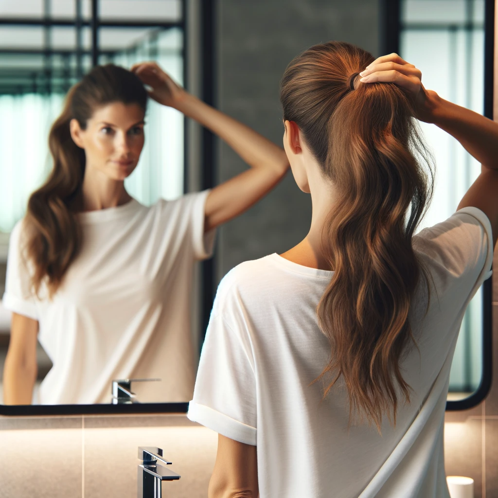 perfect ponytail, woman looking in bathroom mirror making ponytail